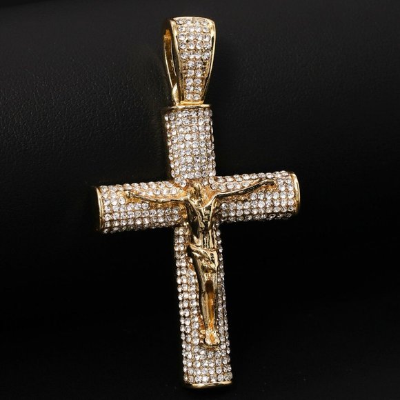 New 14k Iced Out Two-Tone Jesus Cross Necklace - Picture 1 of 3